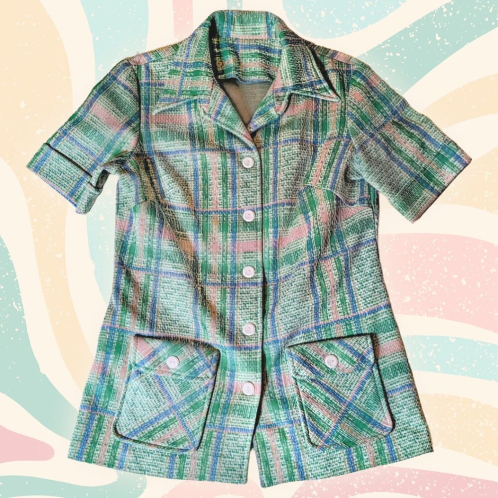 Vintage 1970s size M Grannycore Green/Pink/Blue Plaid Short-Sleeve Housecoat
